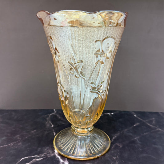 Jeannette Glass Embossed Iris and Herringbone Carnival Vase