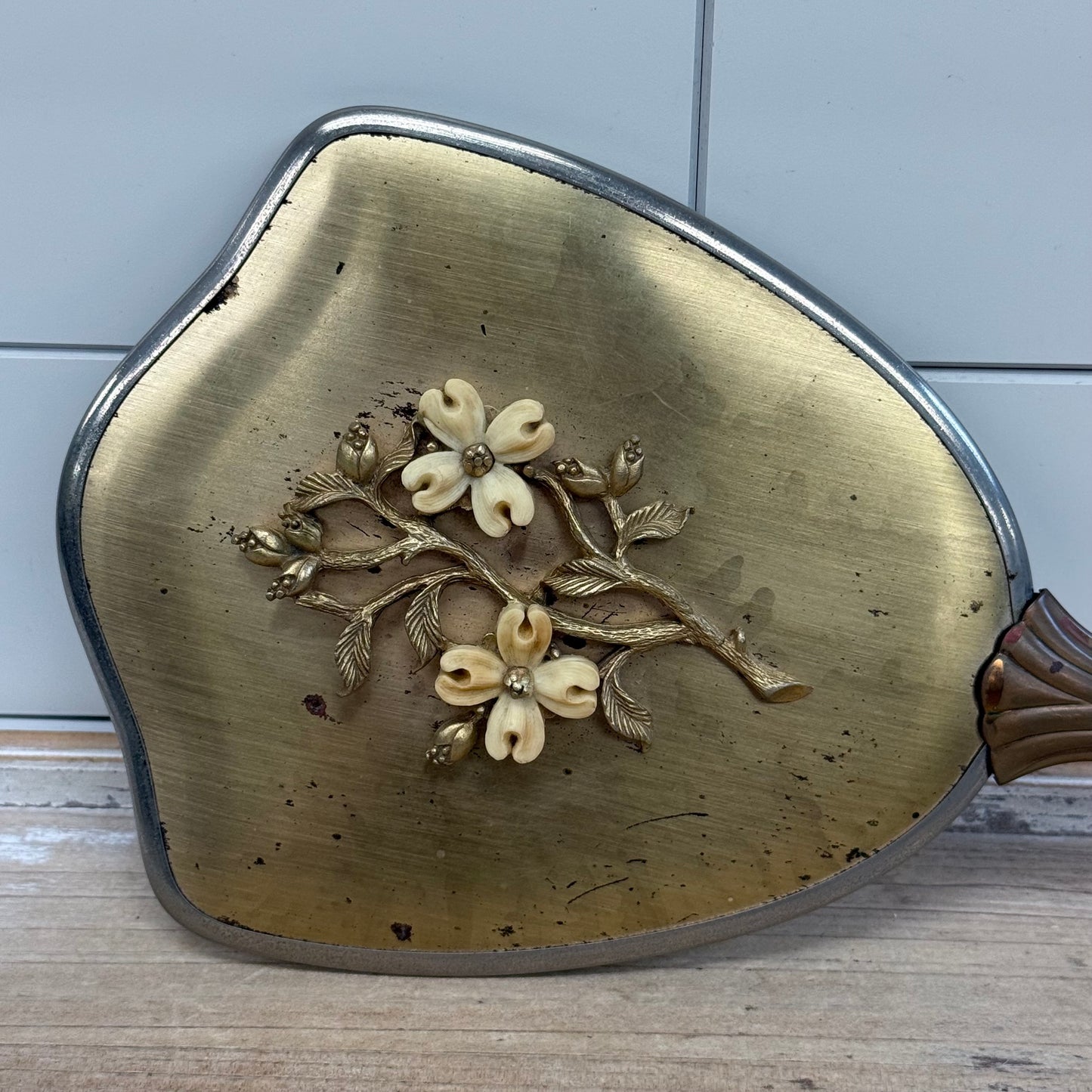 Hollywood Regency Brass Floral Vanity Hand Mirror Vintage Decor