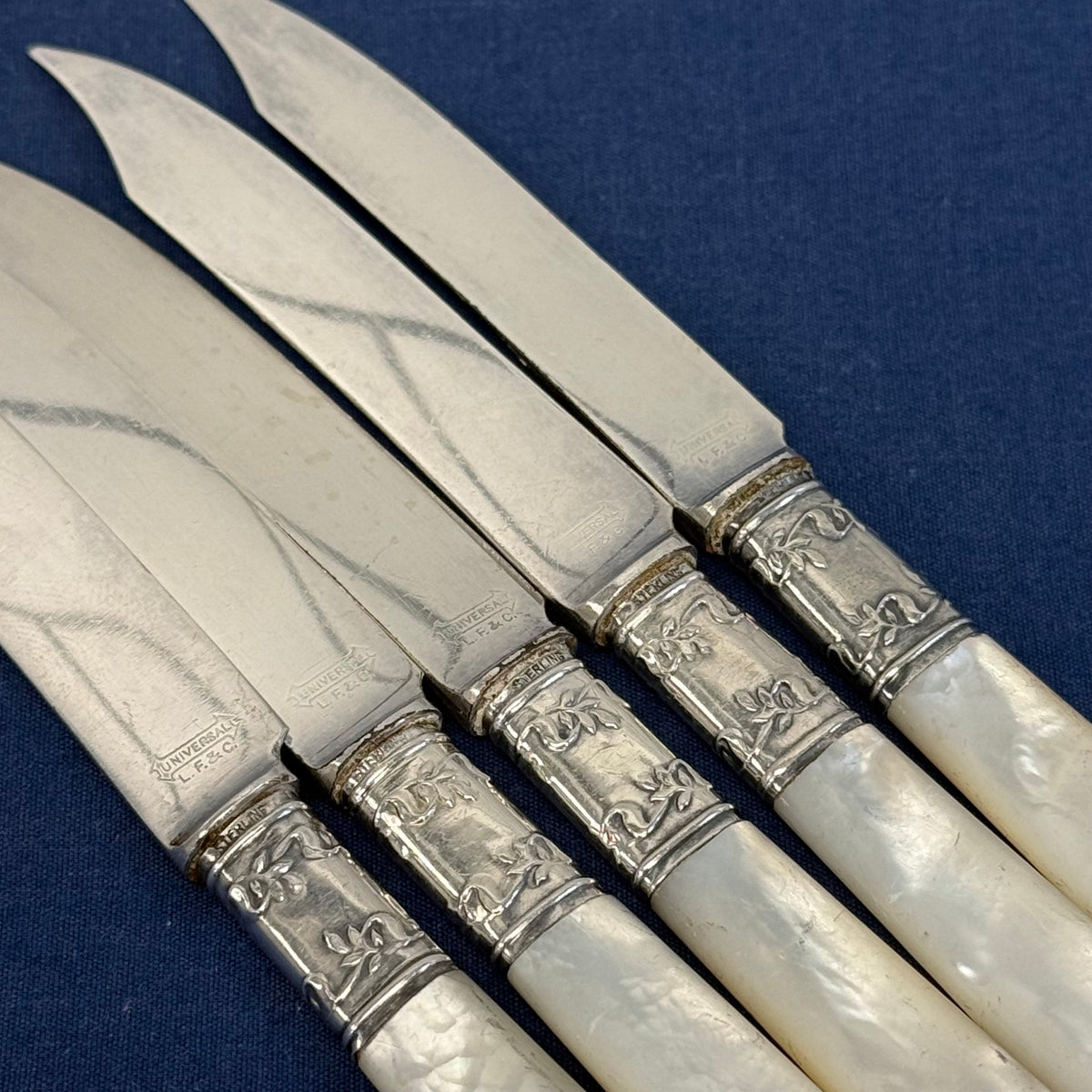 L.F.& C. Mother of Pearl Fruit Knives & Cake Server Set 1890s