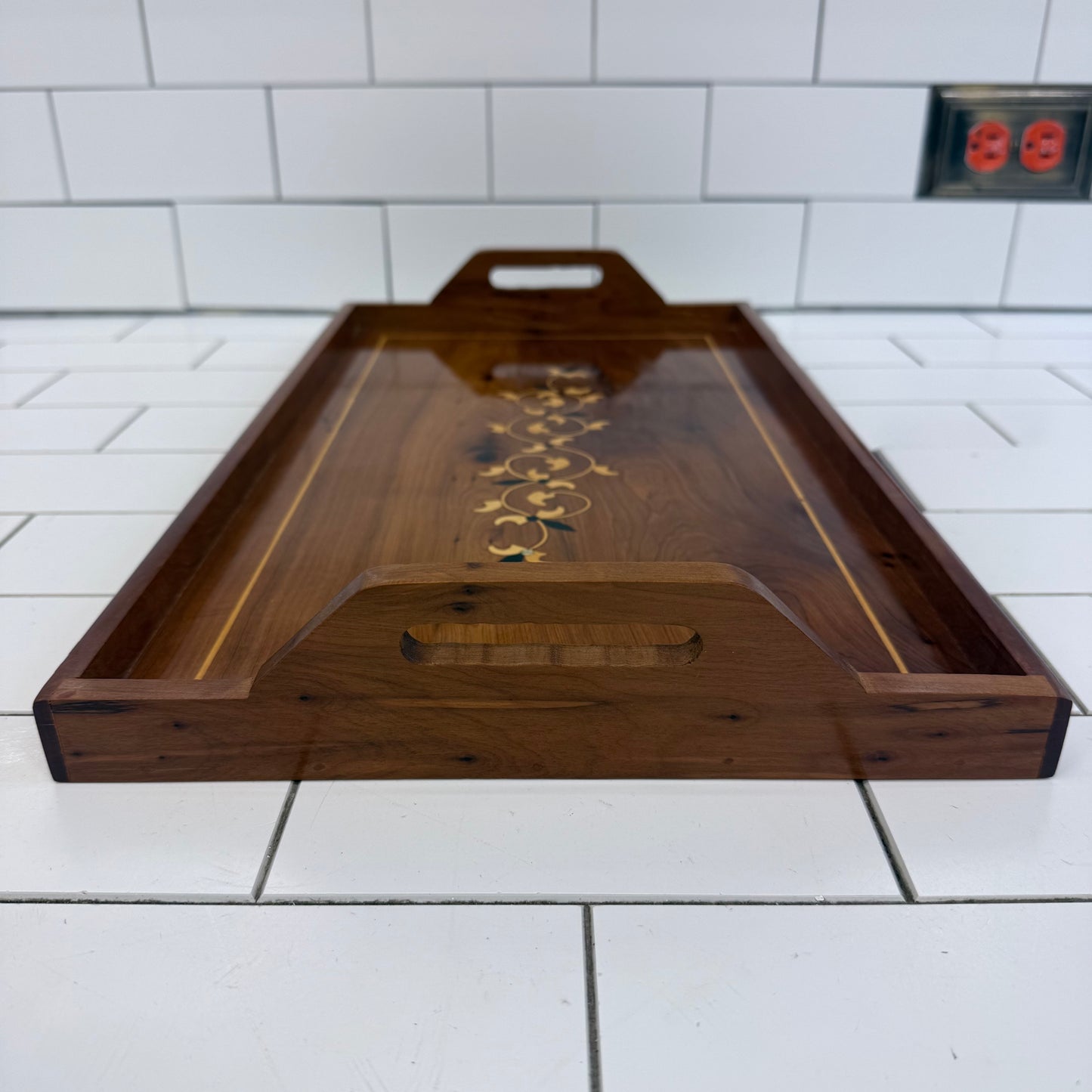 Marquetry Inlaid Wooden Serving Tray with Handles