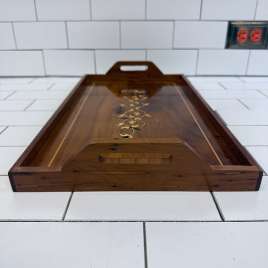 Marquetry Inlaid Wooden Serving Tray with Handles