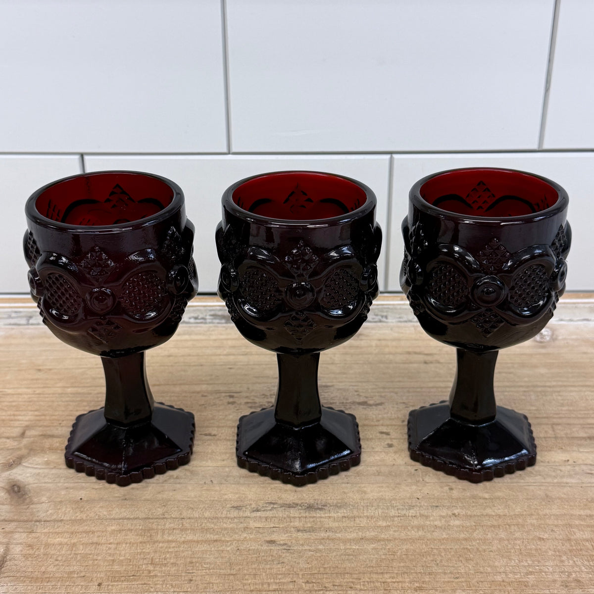Avon Cape Cod Ruby Red Glass Wine Glasses & Sugar Bowl Set