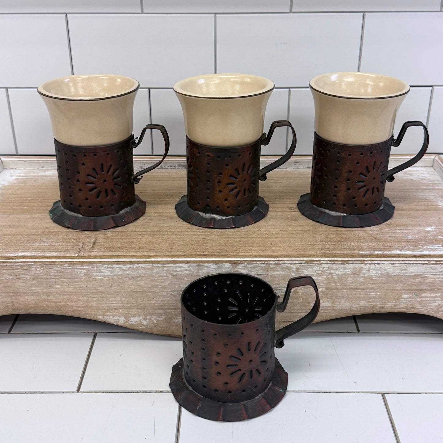 Pfaltzgraff Village Copper Mug Holders & Stoneware Inserts Set