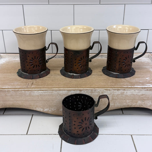 Pfaltzgraff Village Copper Mug Holders & Stoneware Inserts Set