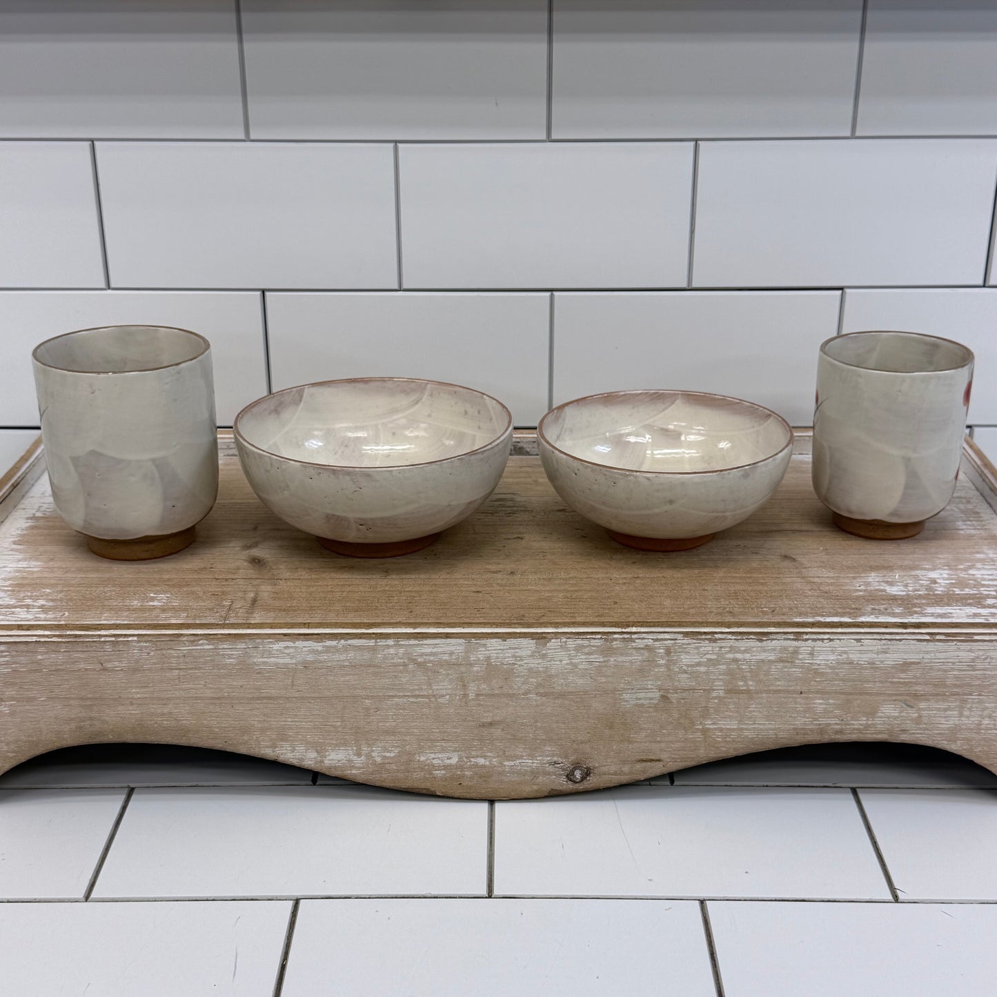 Japanese Kiyomizu-yaki Plum Blossom Bowls & Cups Set of 4