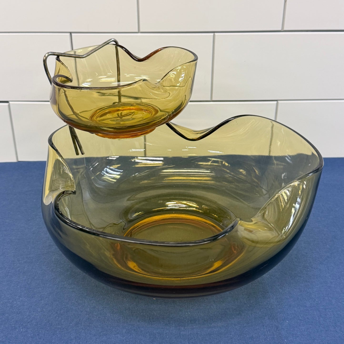 Anchor Hocking Accent Amber Glass Chip Dip Bowl Set Vintage 1960s