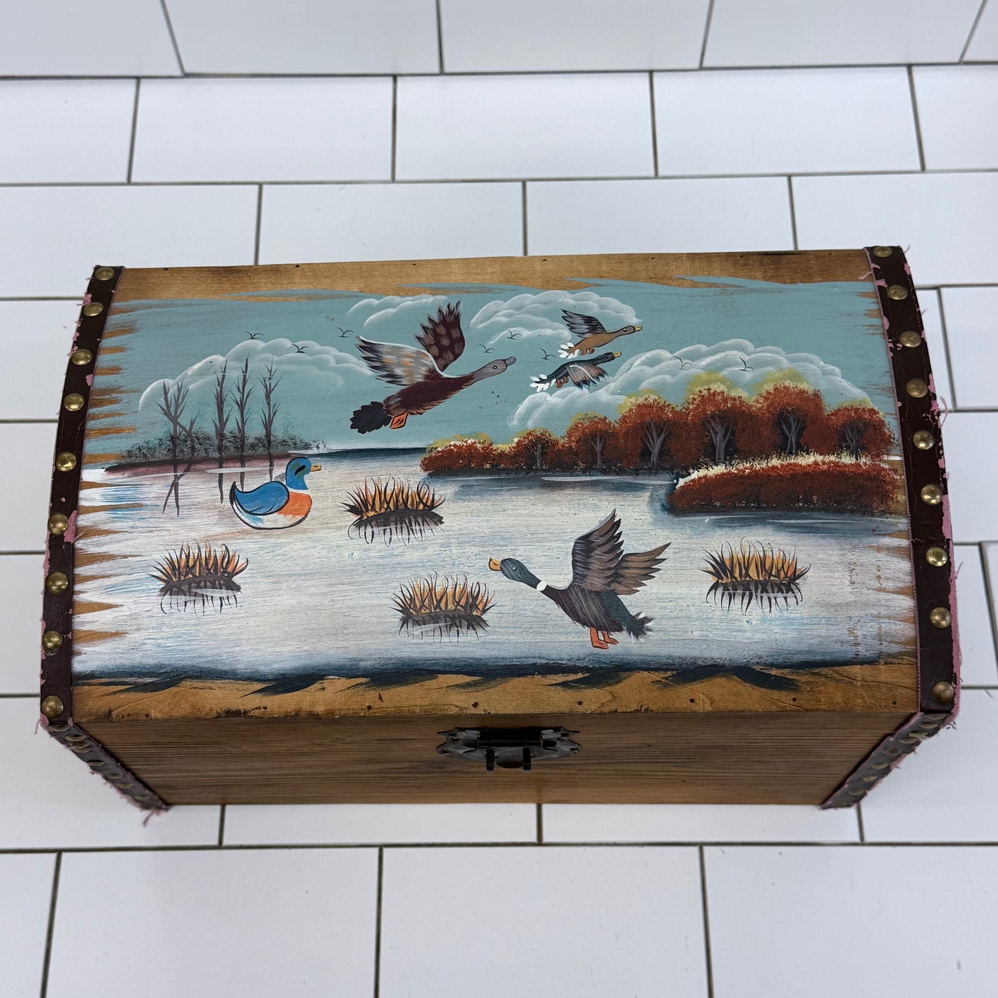 Hand Painted Duck Hunting Wooden Treasure Chest Storage Box Rustic