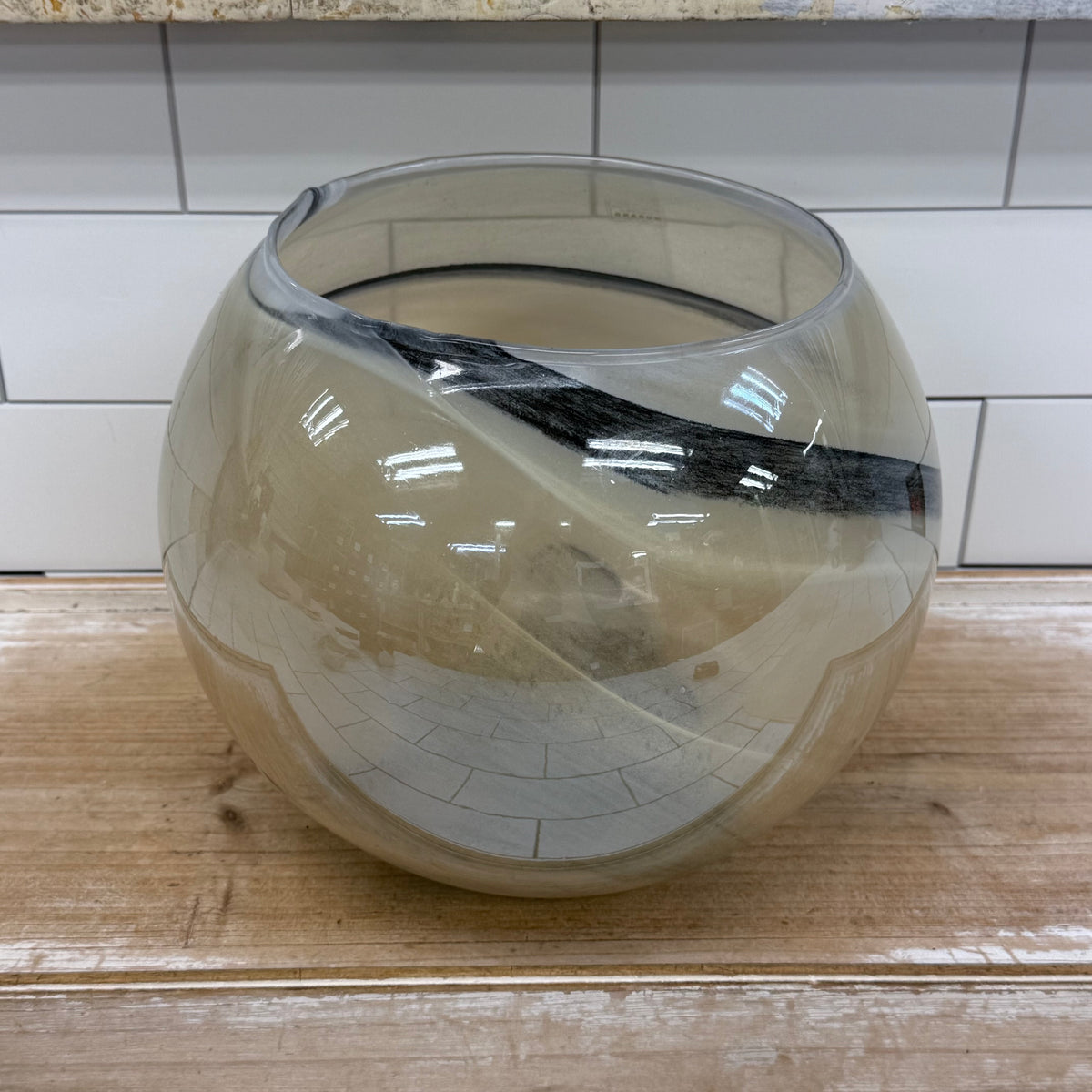 Italian Murano Art Glass Bowl Black White Ribbon