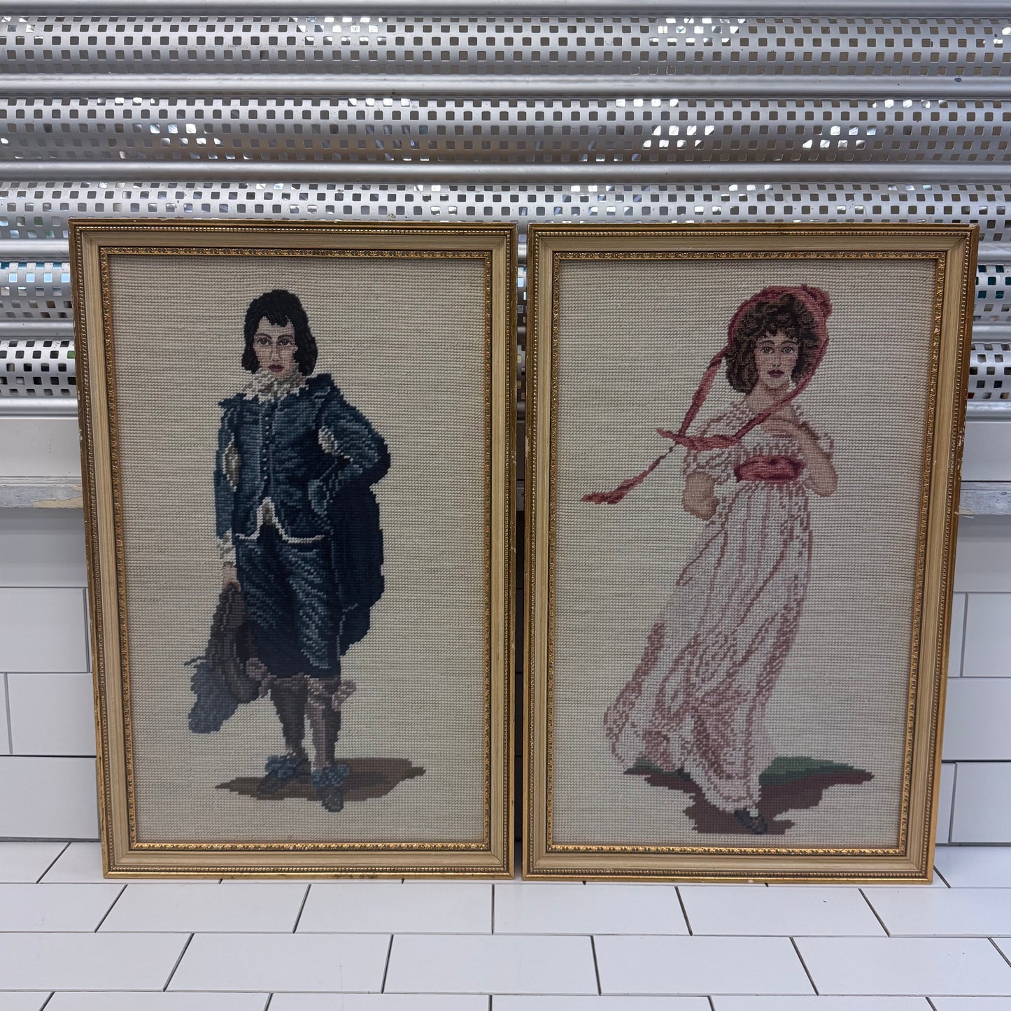 Blue Boy & Pinkie Framed Needlepoint Art, Set of 2