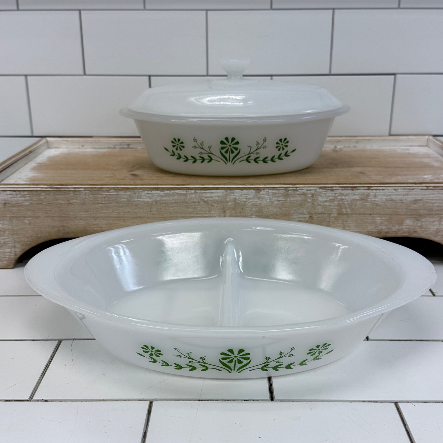 Glasbake Green Daisy Milk Glass Casserole Dishes Set of 2
