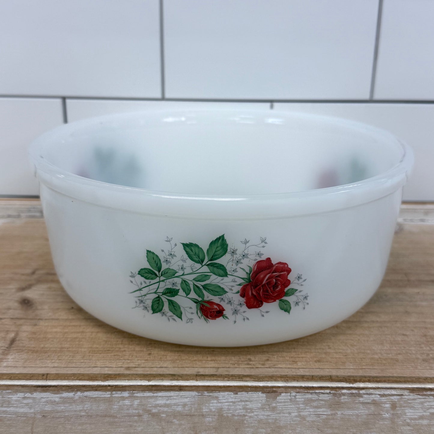 Arcopal France Rose Floral Milk Glass Serving Bowl 1970s