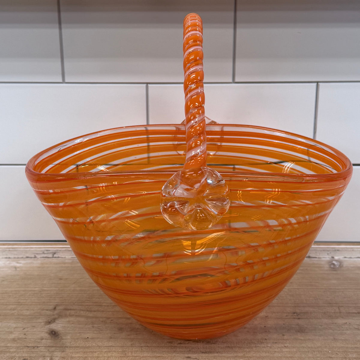 Orange Spiral Hand Blown Art Glass Basket with Handle