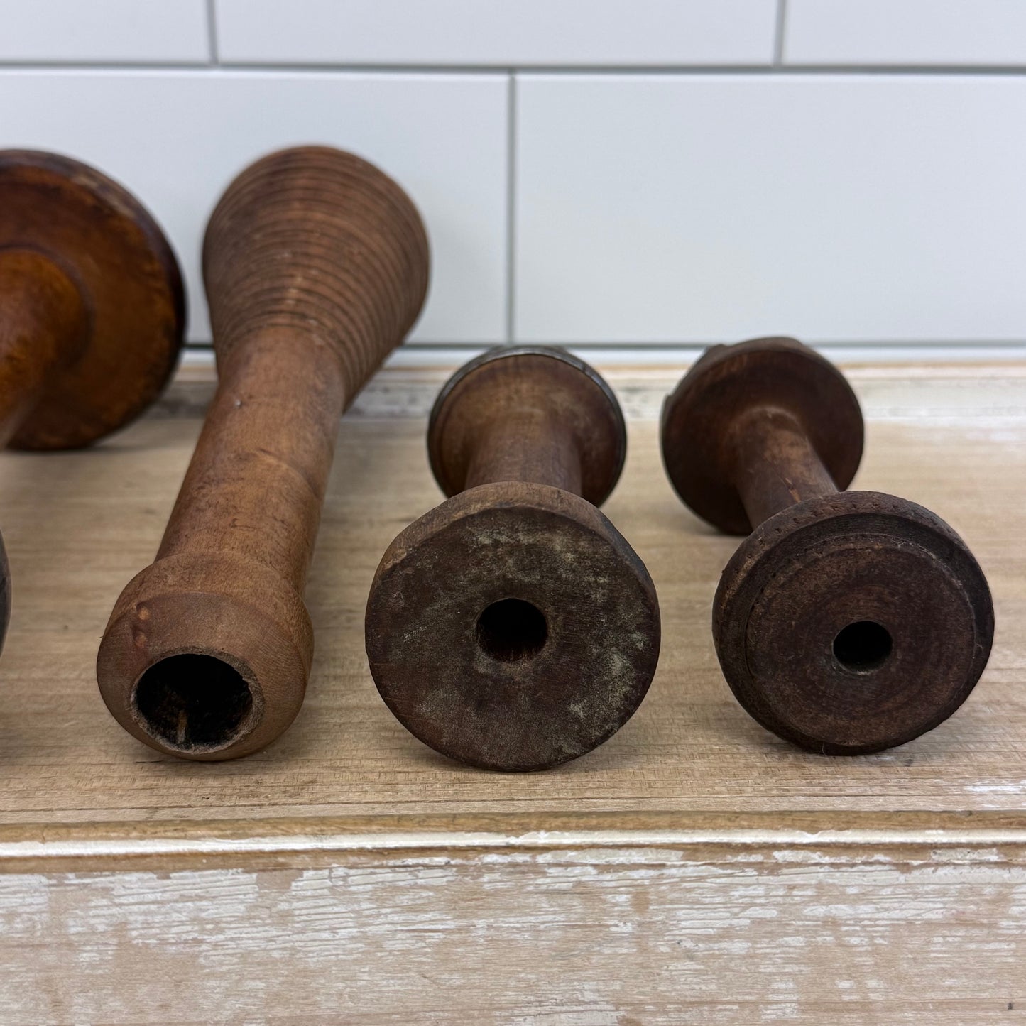 Wooden Textile Mill Bobbins Thread Spools Lot of 5