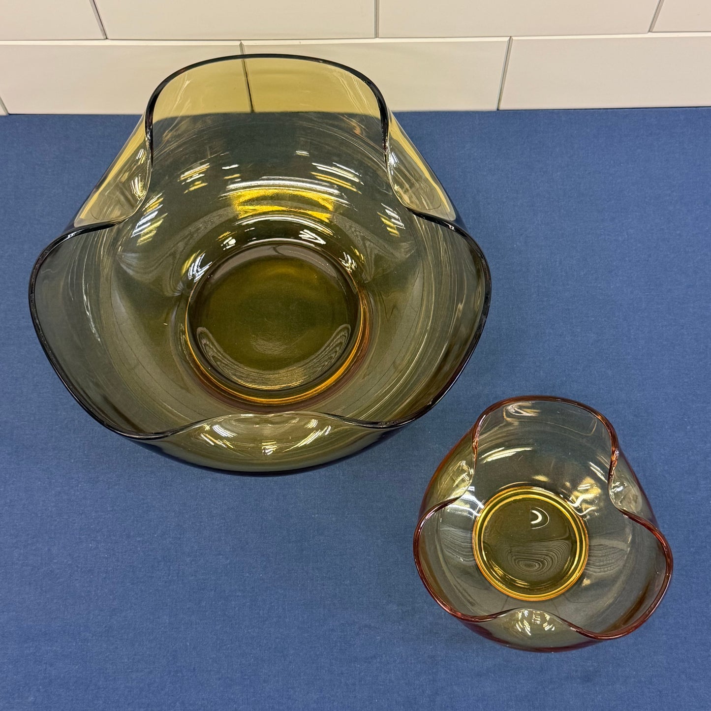 Anchor Hocking Accent Amber Glass Chip Dip Bowl Set Vintage 1960s