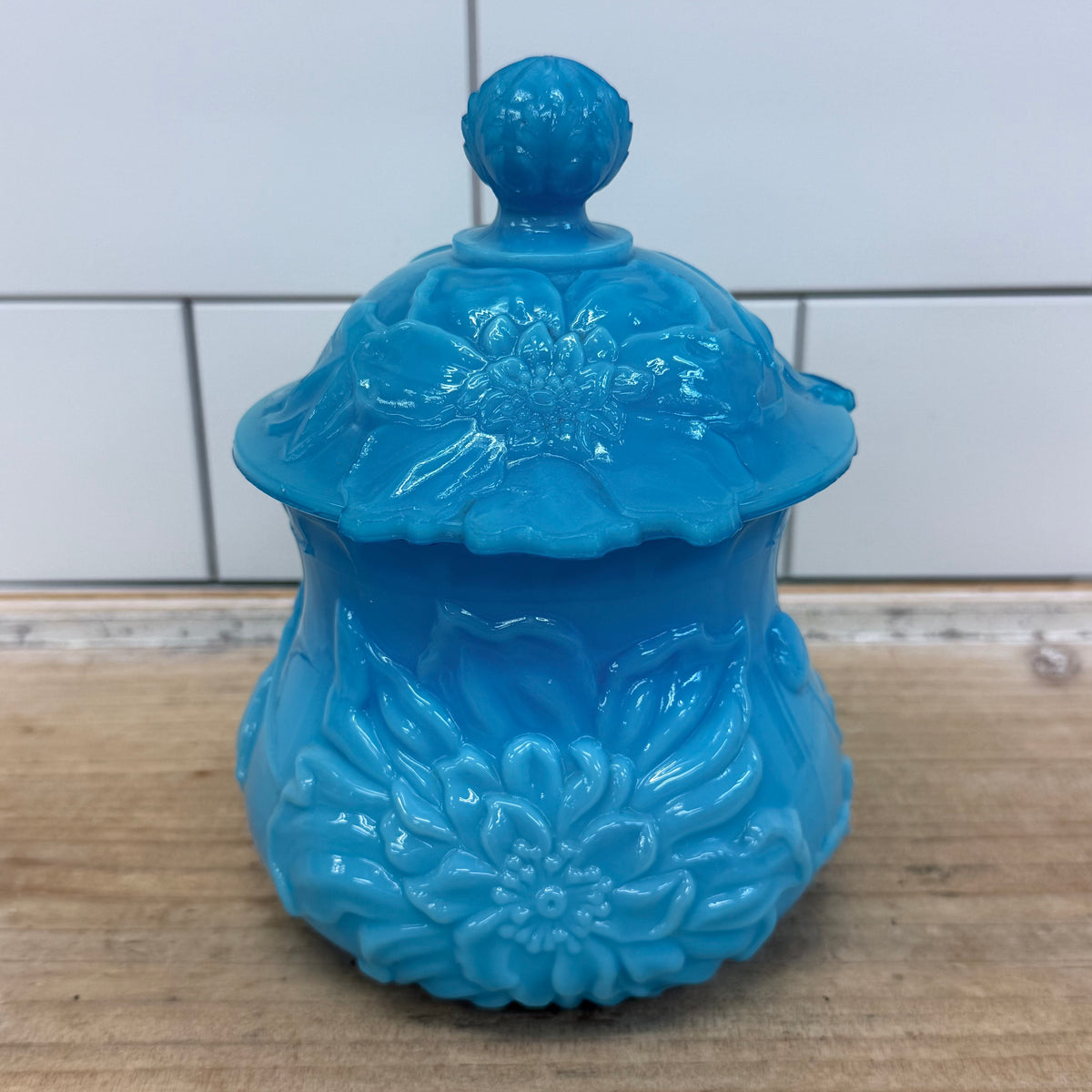 Blue Opal Glass Floral Jar Antique 1880s–1890s
