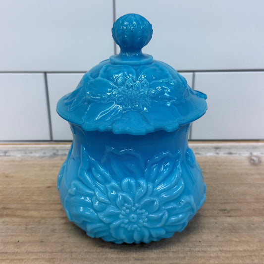 Blue Opal Glass Floral Jar Antique 1880s–1890s