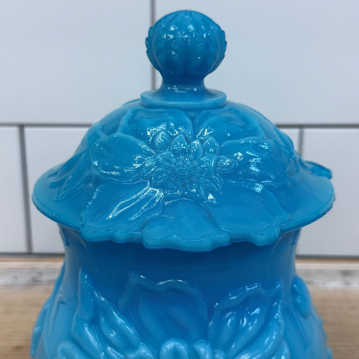 Blue Opal Glass Floral Jar Antique 1880s–1890s