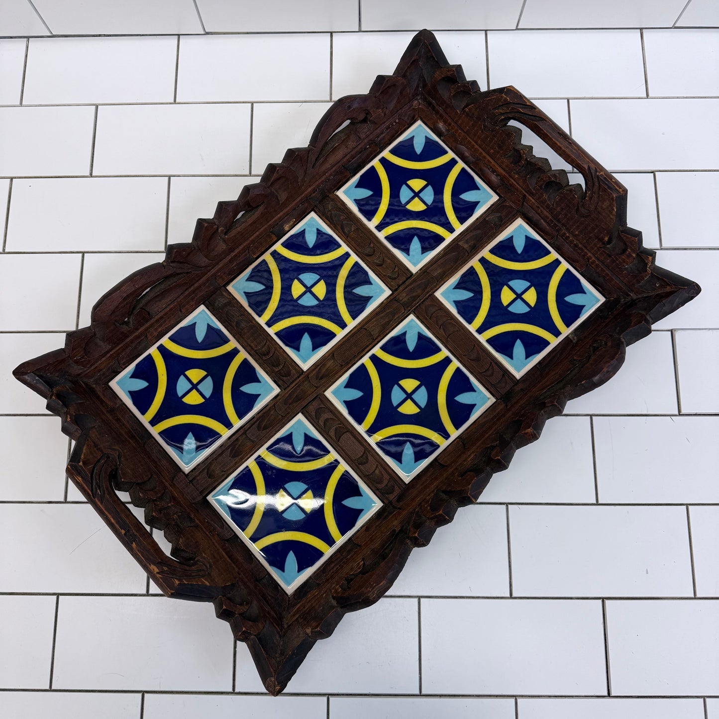 Carved Wood Ceramic Tile Serving Tray Vintage 20”