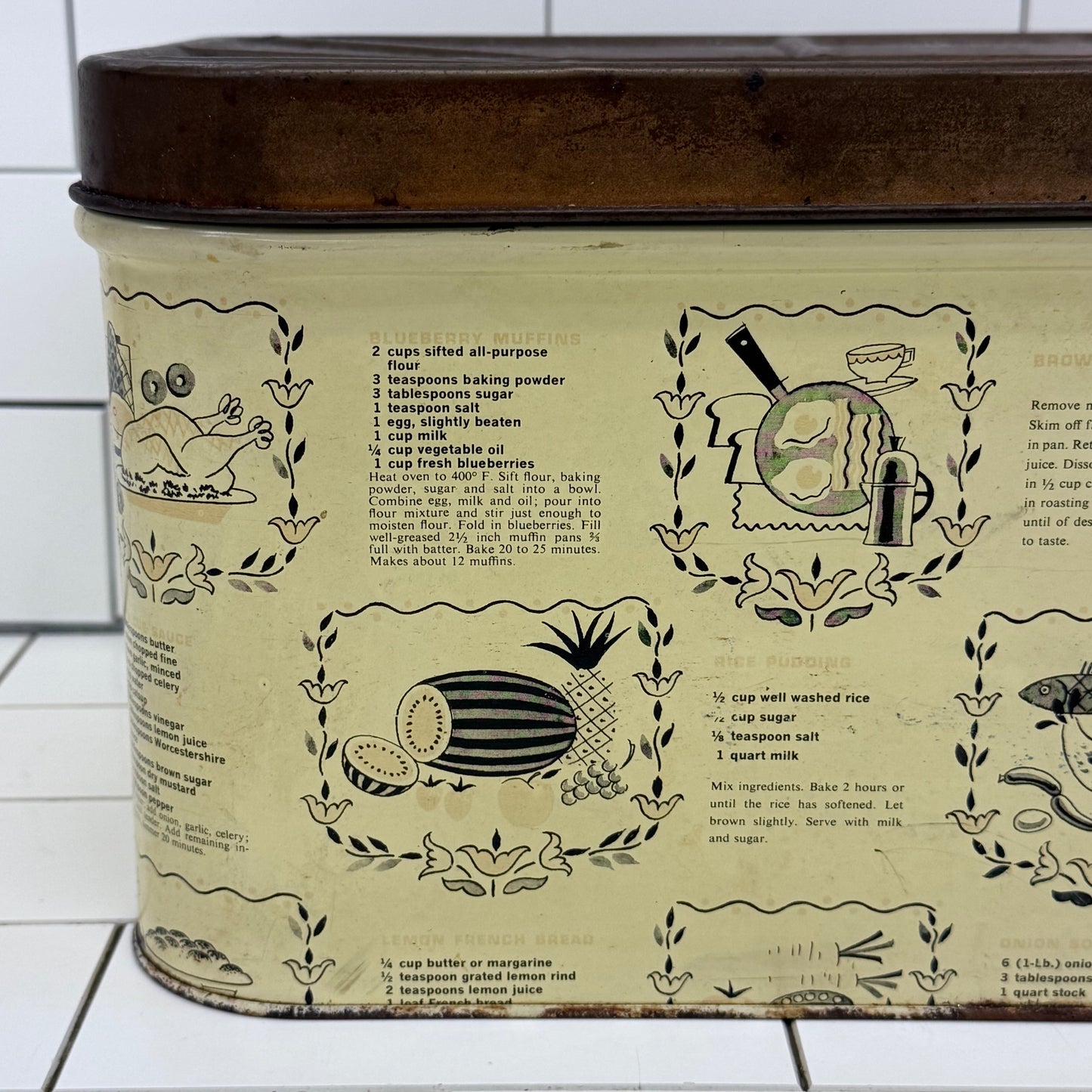 Recipe Print Metal Bread Box Vintage 1950s