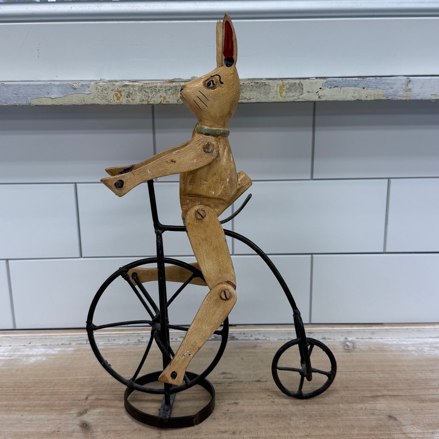 Primitive Rabbit on Penny Farthing Bicycle Folk Art Sculpture