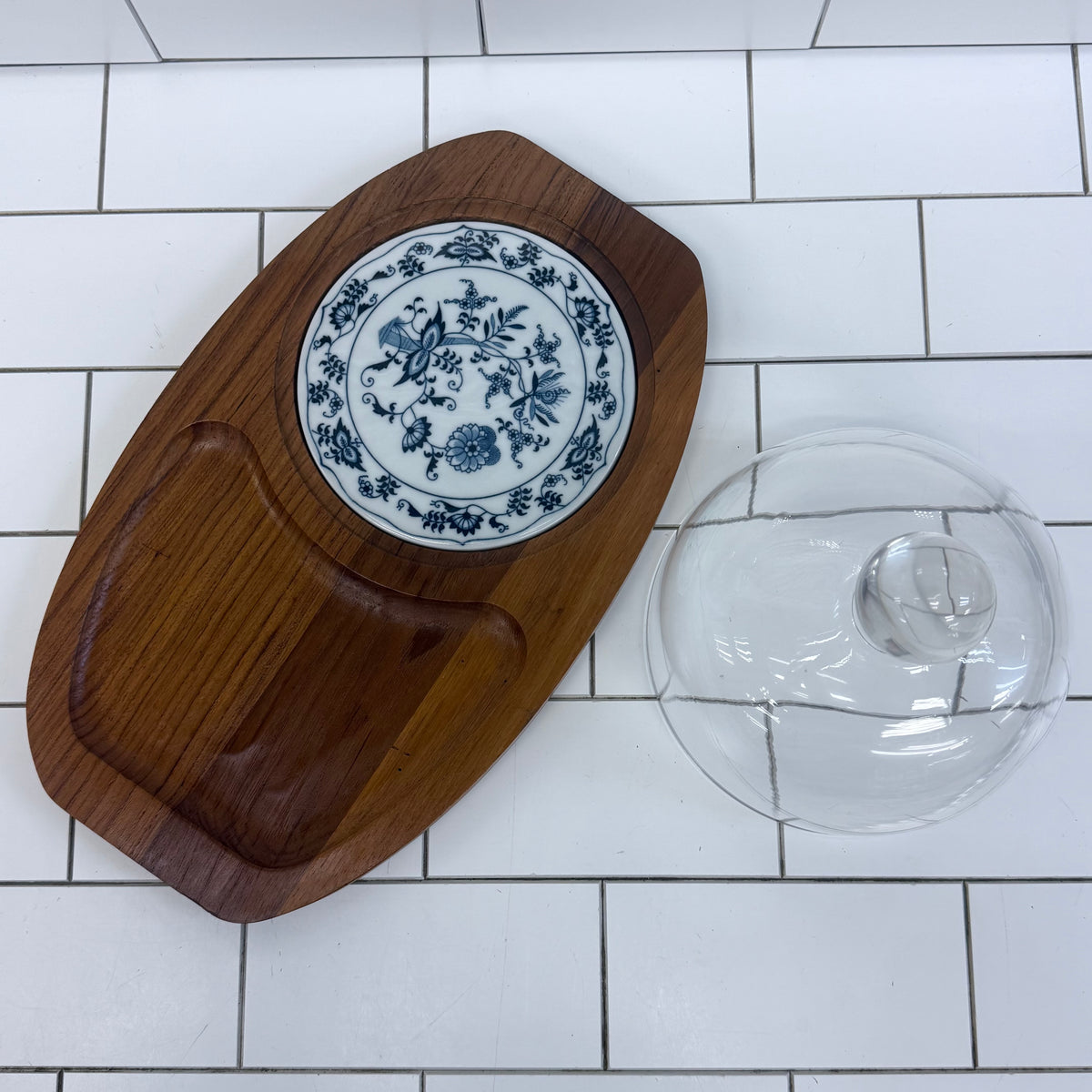 Dolphin Teak Cheese Board Glass Cloche Blue Danube