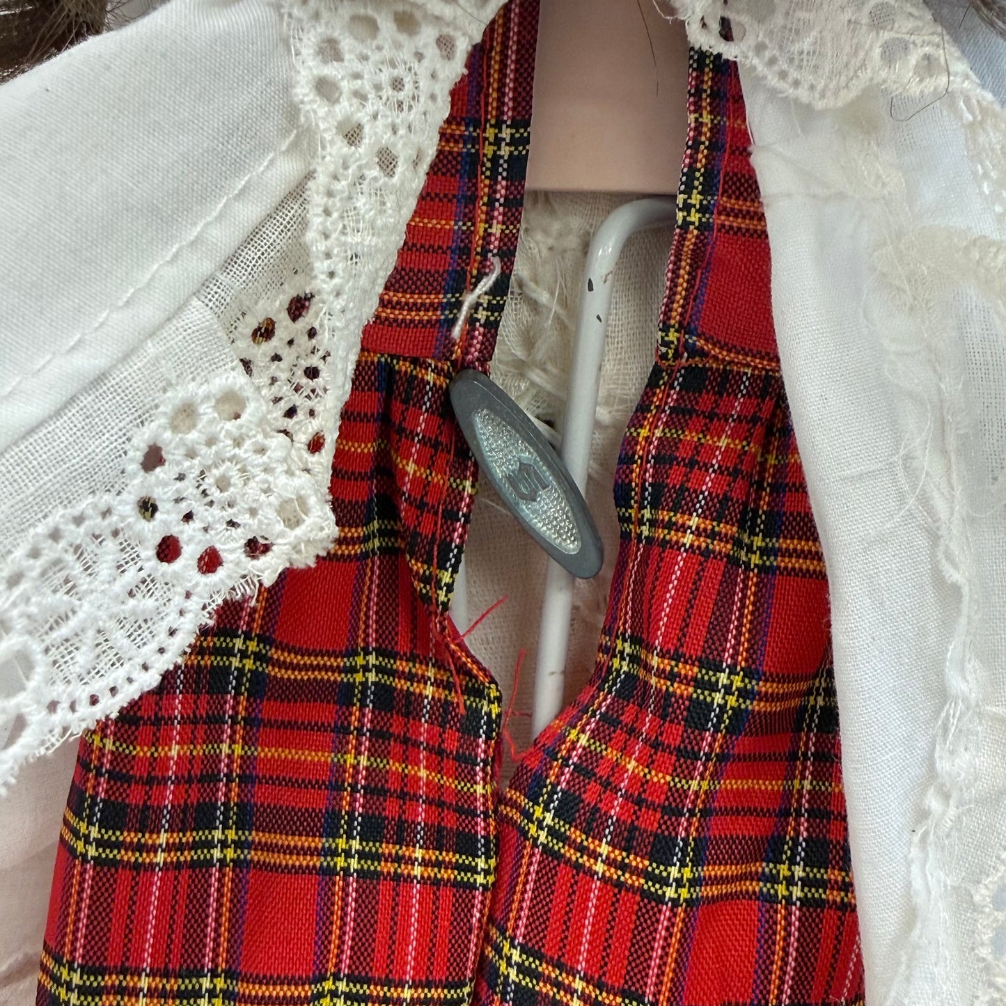 Musical Porcelain Doll in Plaid Dress with Stand & Music Box
