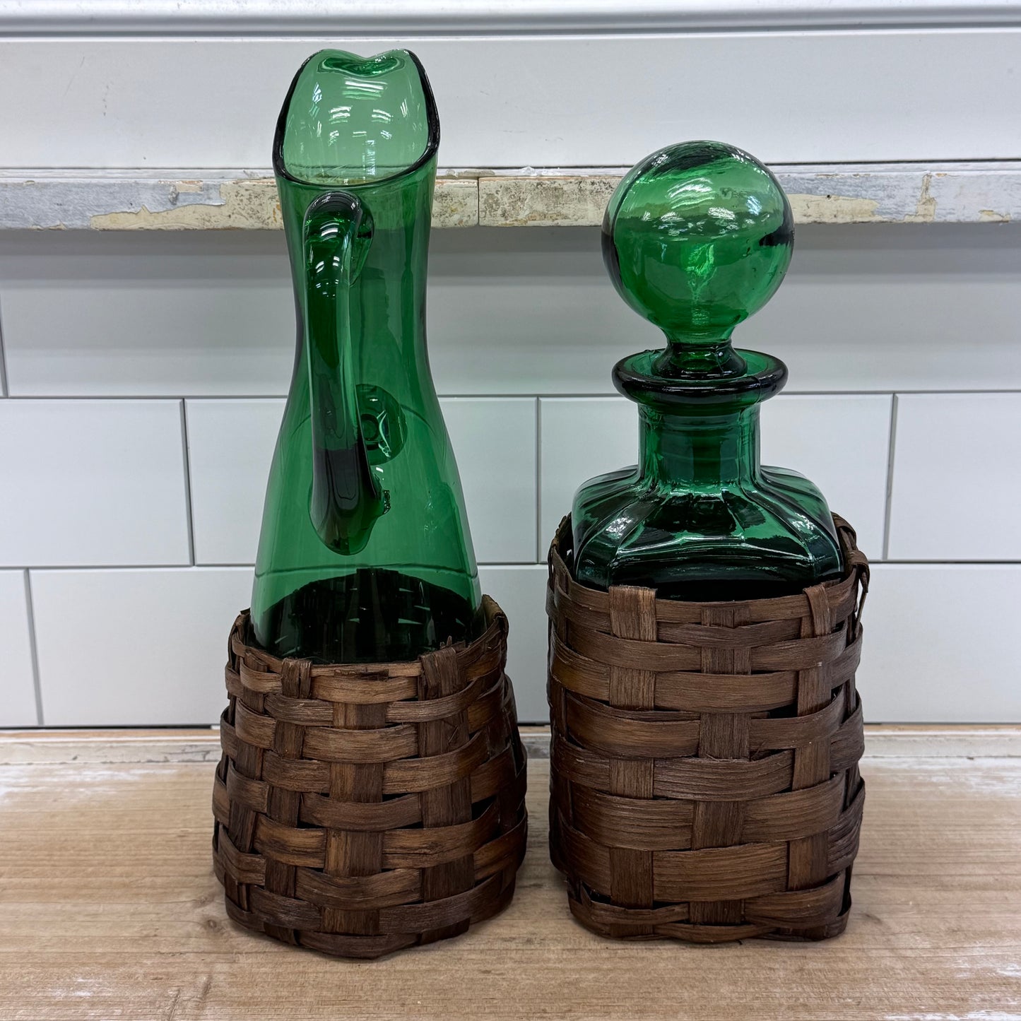 Spanish Emerald Green Art Glass Decanter & Pitcher Set 1960s