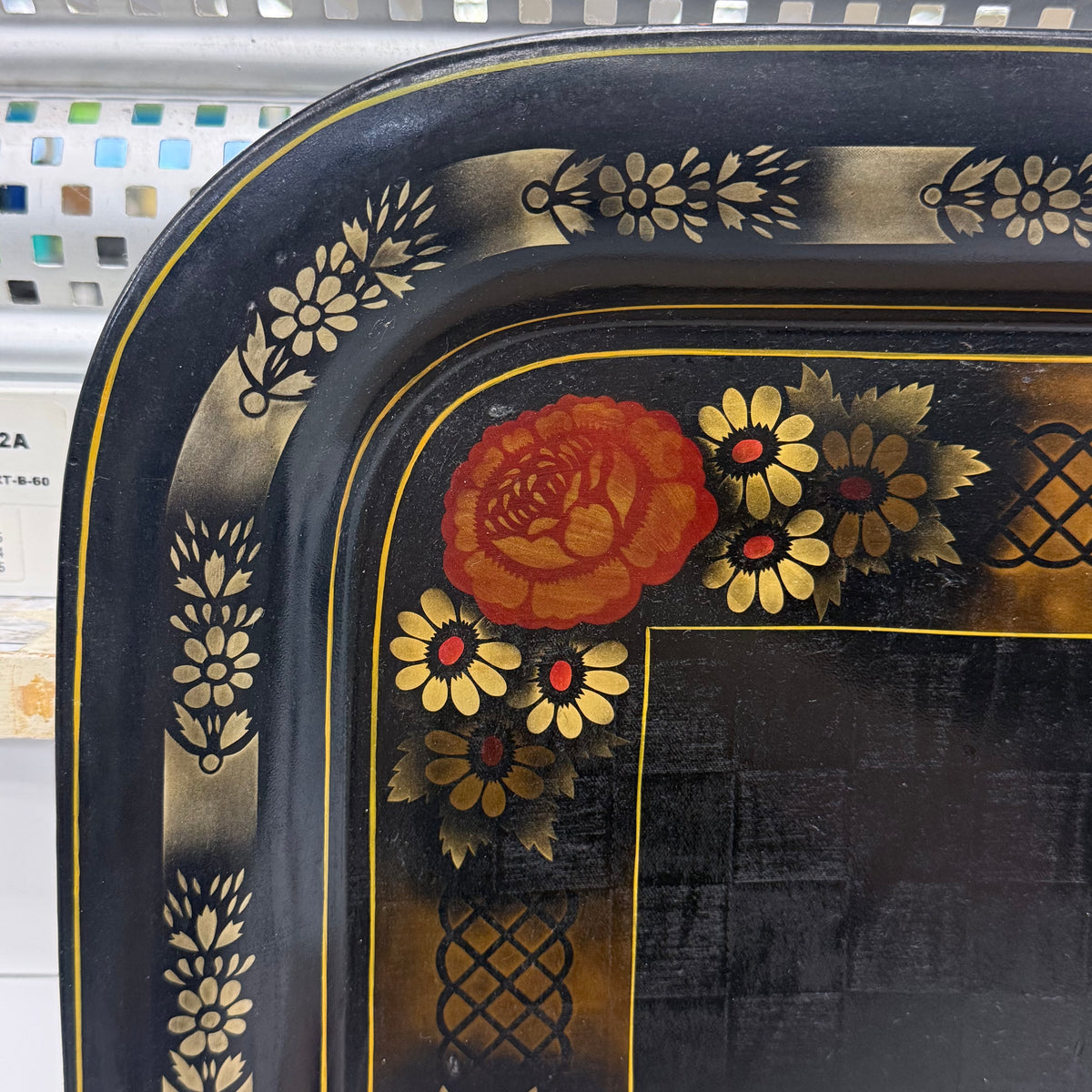 Floral Stenciled Tin Tray Black Gold Toleware Vintage 1970s