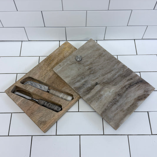 Marble Wood Cheese Board with Stone Handle Knife & Spreader