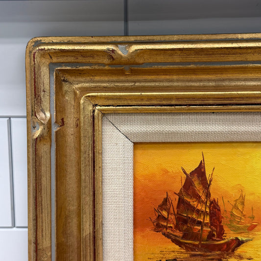 Sunset Junk Ships Original Oil Painting, Signed N.T. Fung