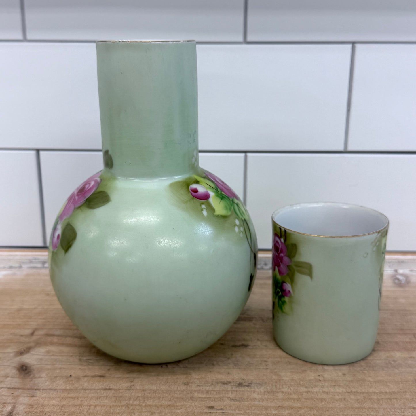 Lefton Heritage Green Rose Bedside Carafe & Cup 1950s-1960s