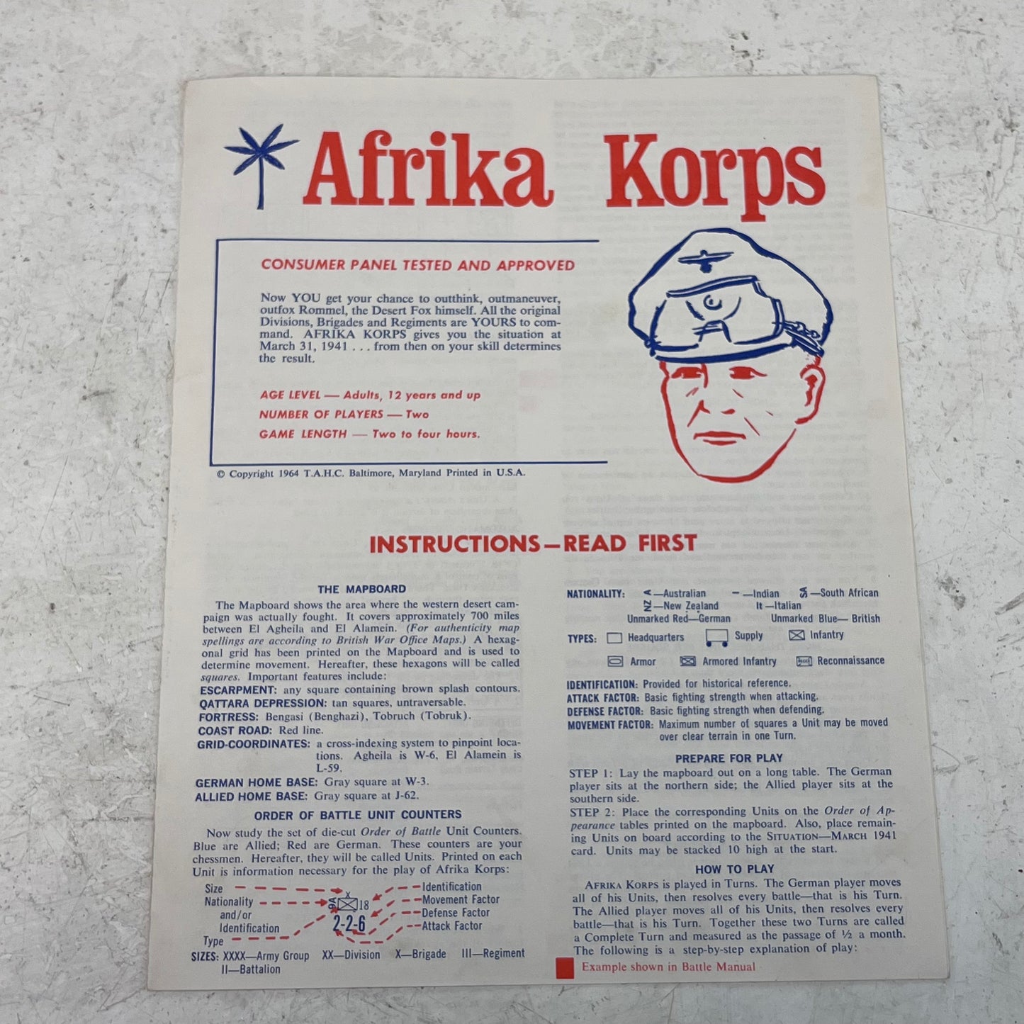 Avalon Hill Afrika Korps Strategy Board Game, 1964
