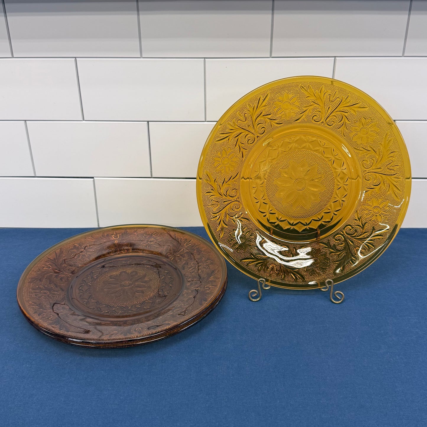 Indiana Glass Golden Amber Floral Plates Set of 3 Vintage 1970s