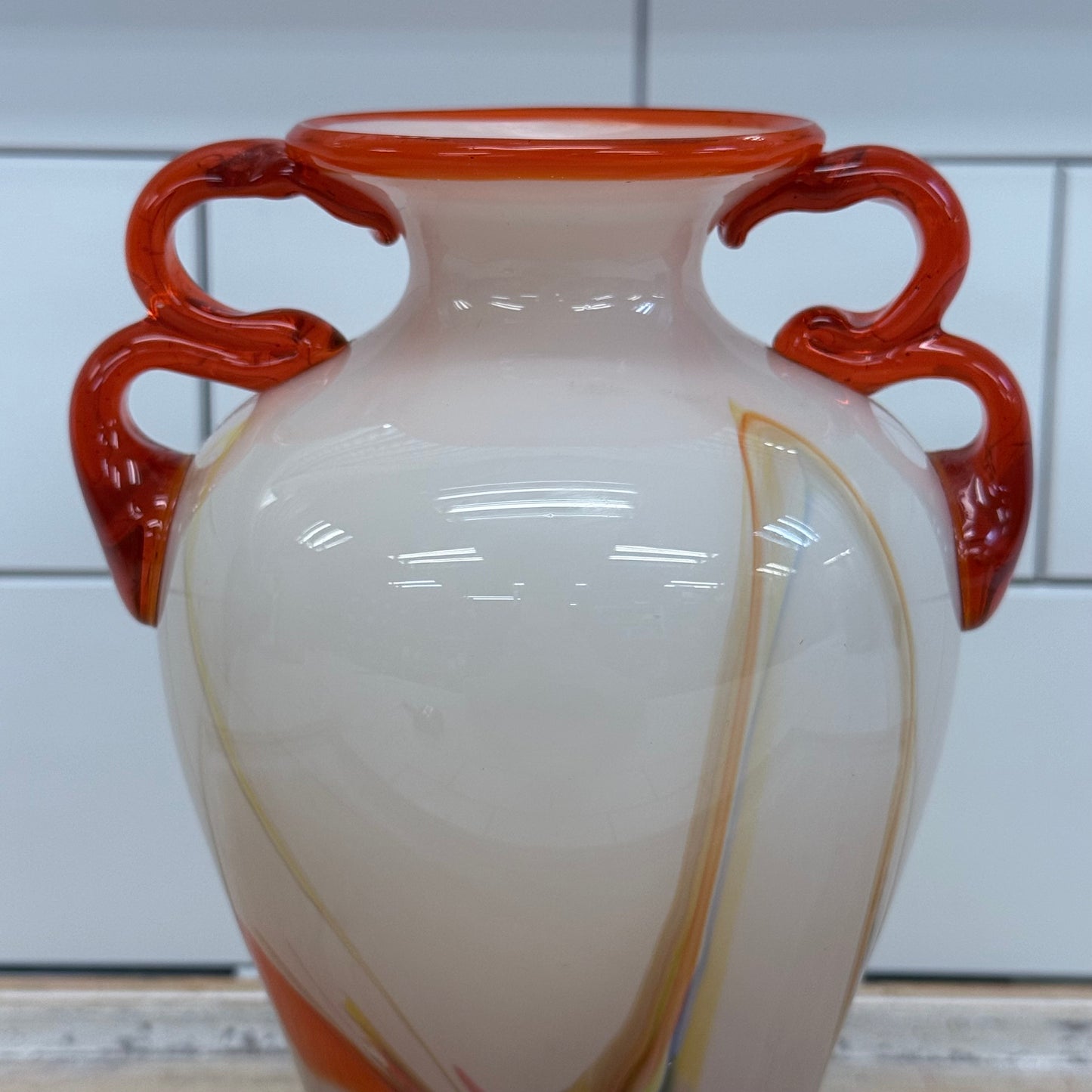 Vintage Murano Style Applied Handle Art Glass Vase
