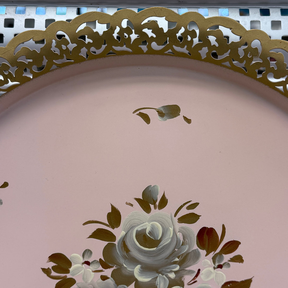 Vintage Hand Painted Pink Floral Tole Metal Tray 15”