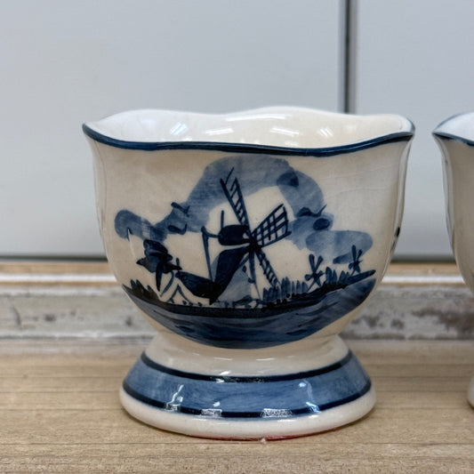 Delft Style Egg Cups Blue White Windmill DBL Netherlands Set