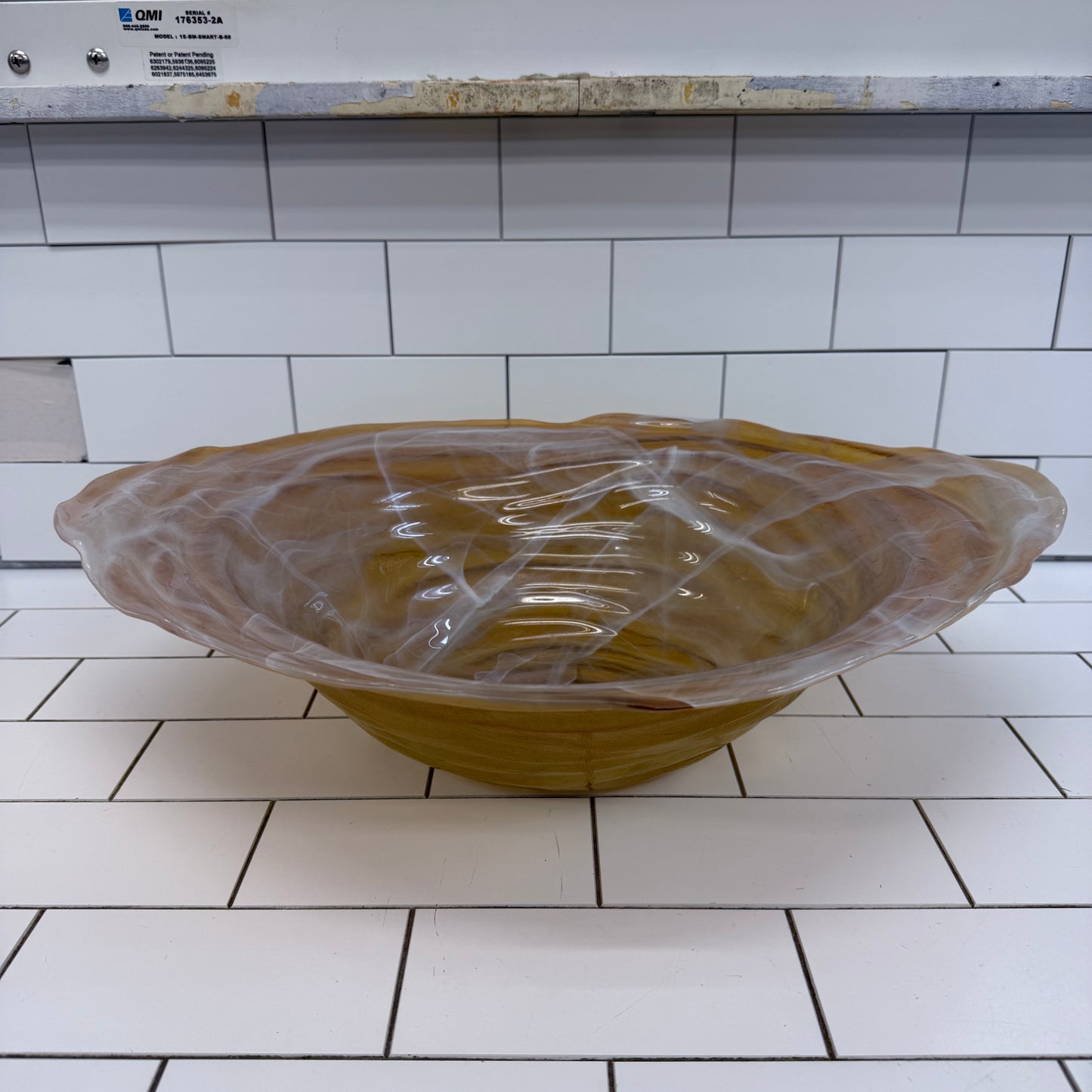 Hand Blown Studio Art Glass Centerpiece Bowl Amber Swirl