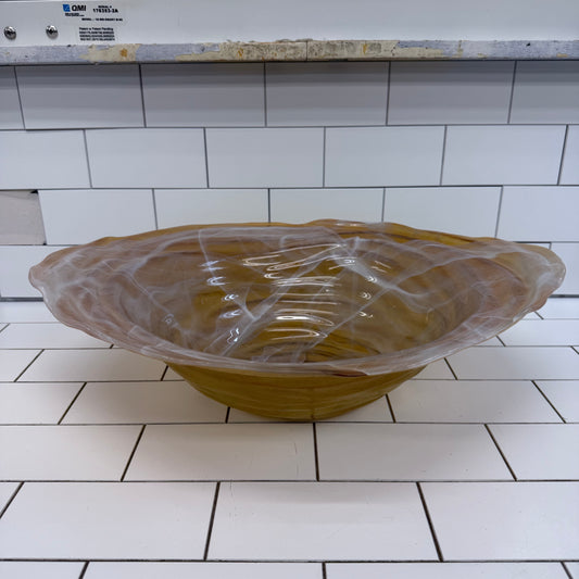 Hand Blown Studio Art Glass Centerpiece Bowl Amber Swirl