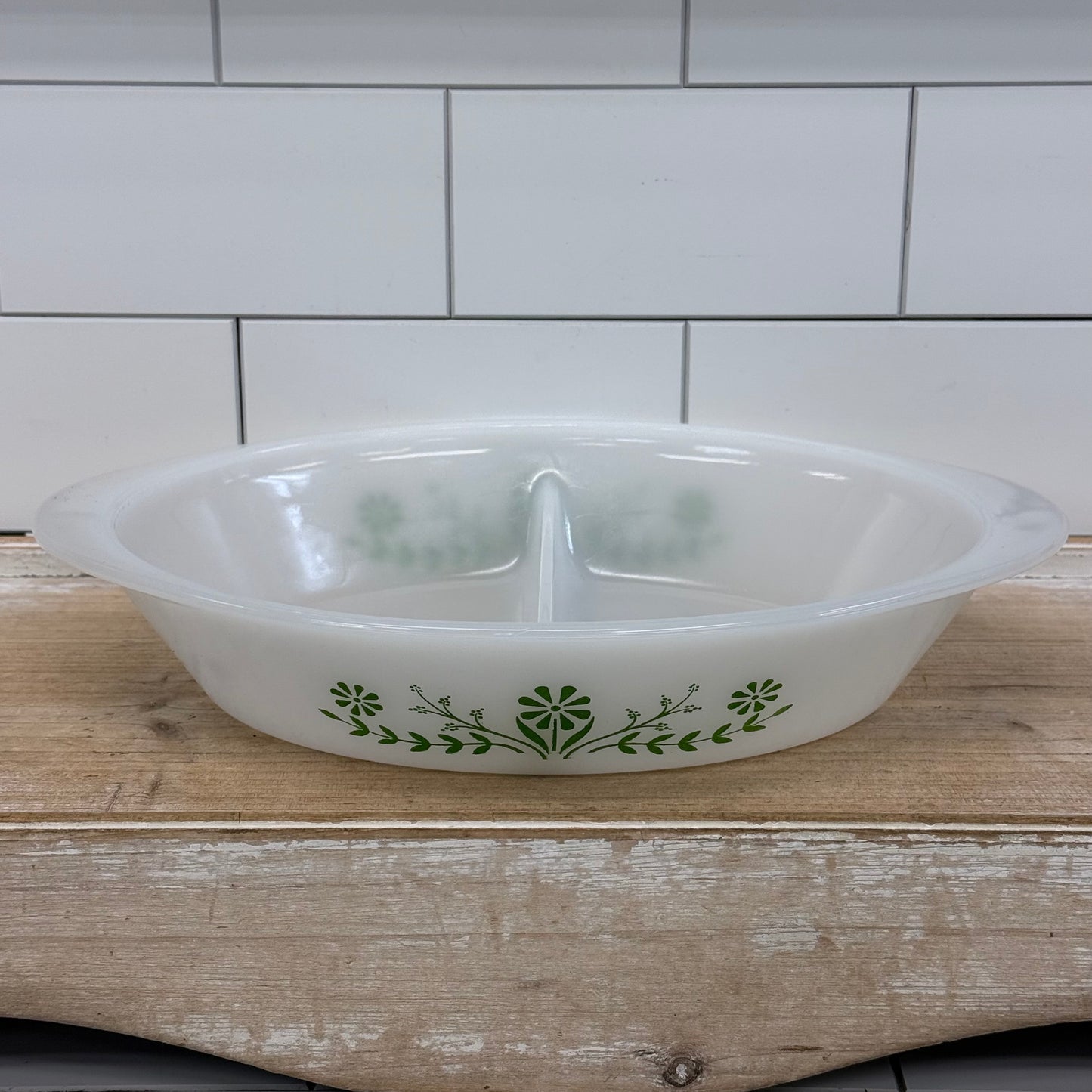 Glasbake Green Daisy Milk Glass Casserole Dishes Set of 2
