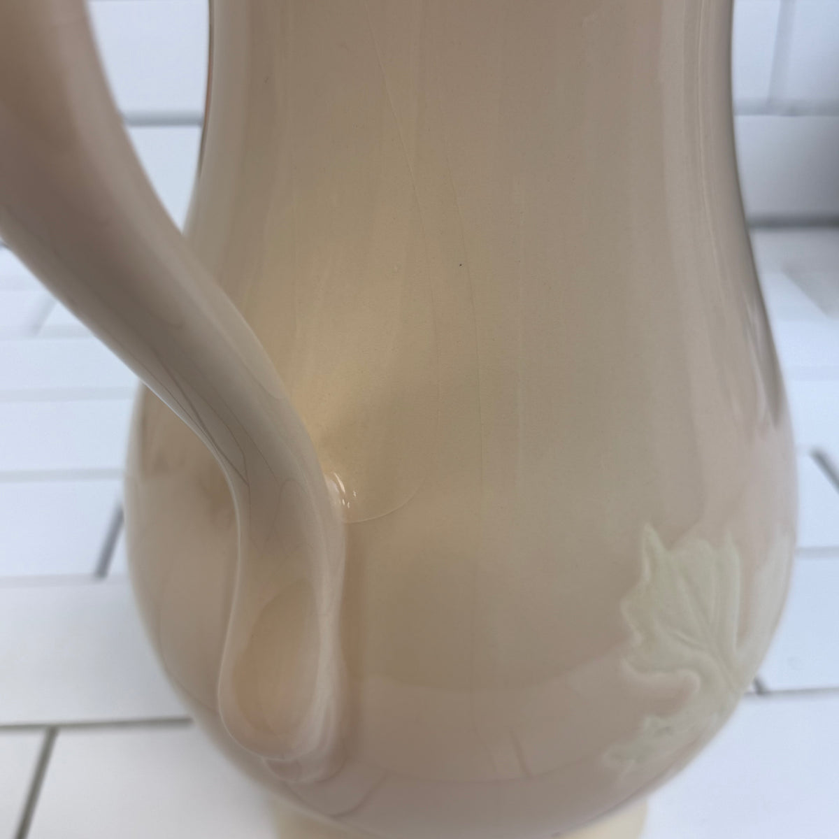 Ceramic Pitcher Embossed Leaf Design Farmhouse Decor 13”