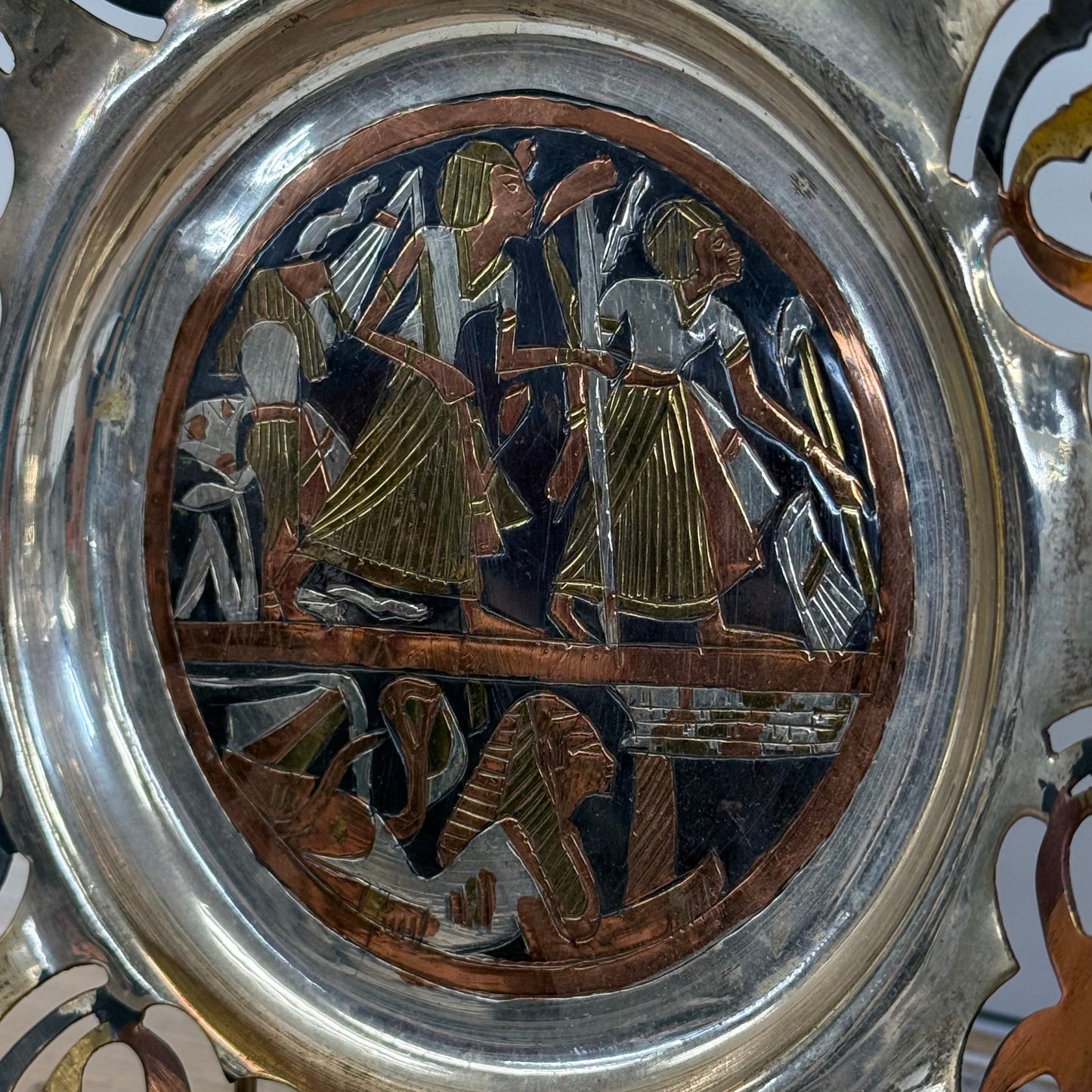 Vintage 1960s Mixed Metal Egyptian Revival Wall Plate 10” Diameter