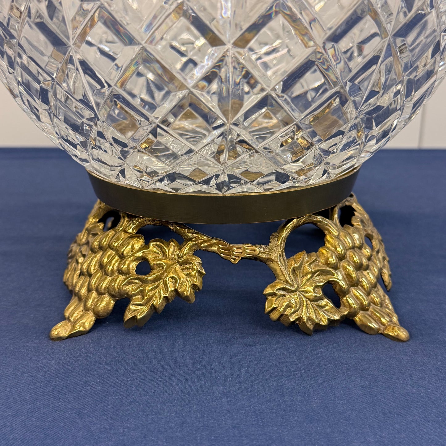 Hollywood Regency Cut Crystal Rose Bowl Brass Stand