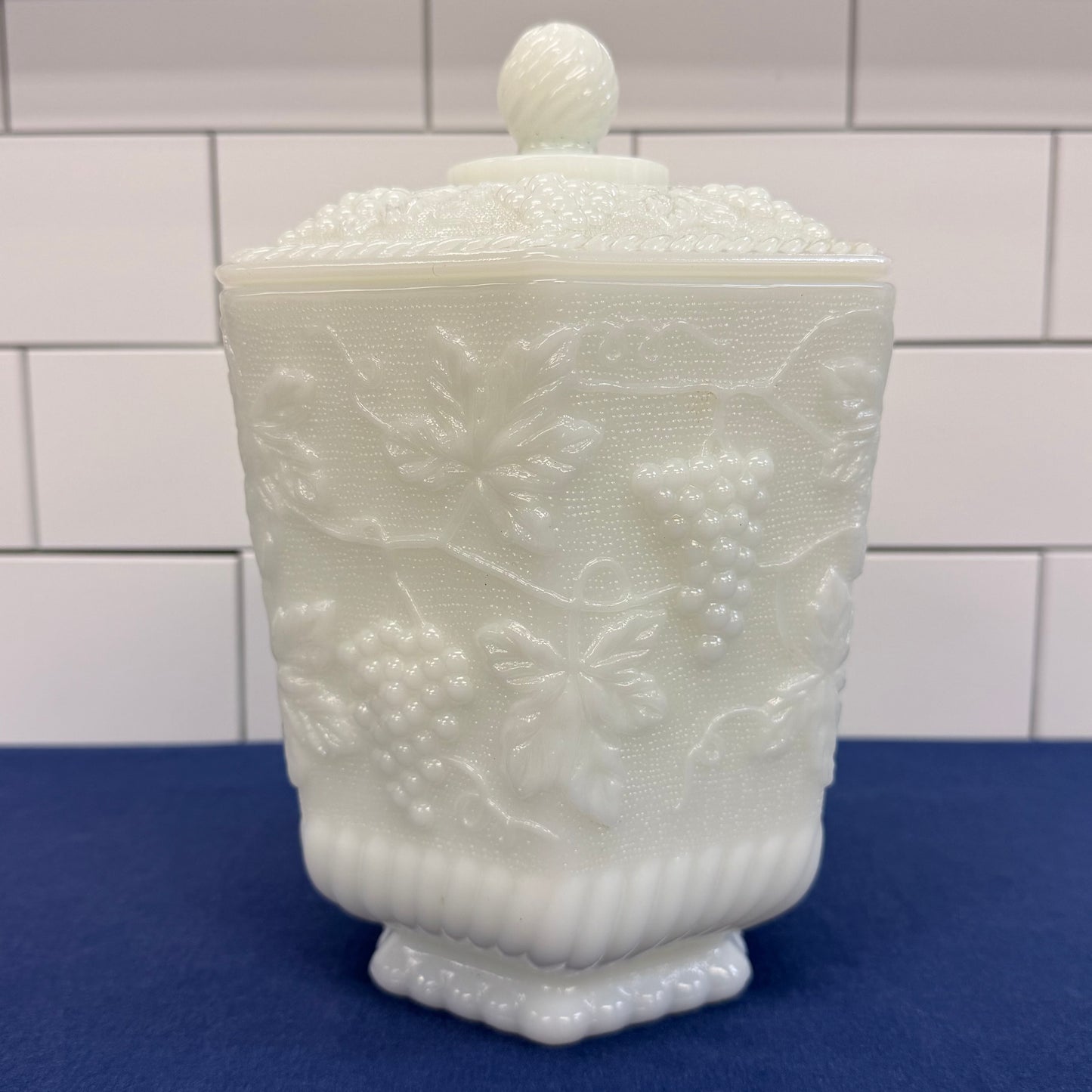 Fire King Grapevine Milk Glass Lidded Jar Vintage 1960s