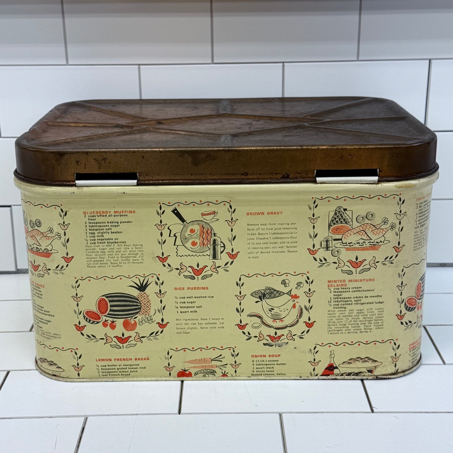 Recipe Print Metal Bread Box Vintage 1950s