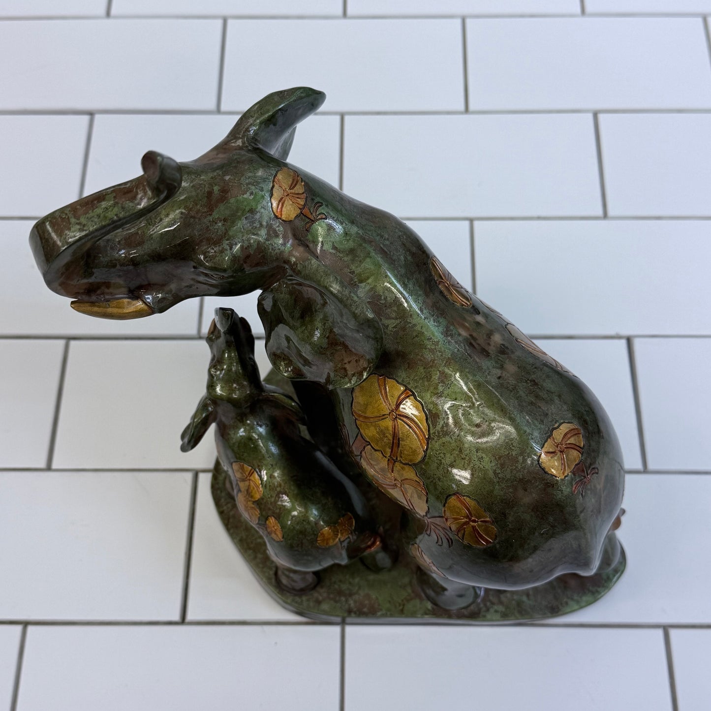 Mother Elephant Calf Figurine Faux Bronze Floral Statue
