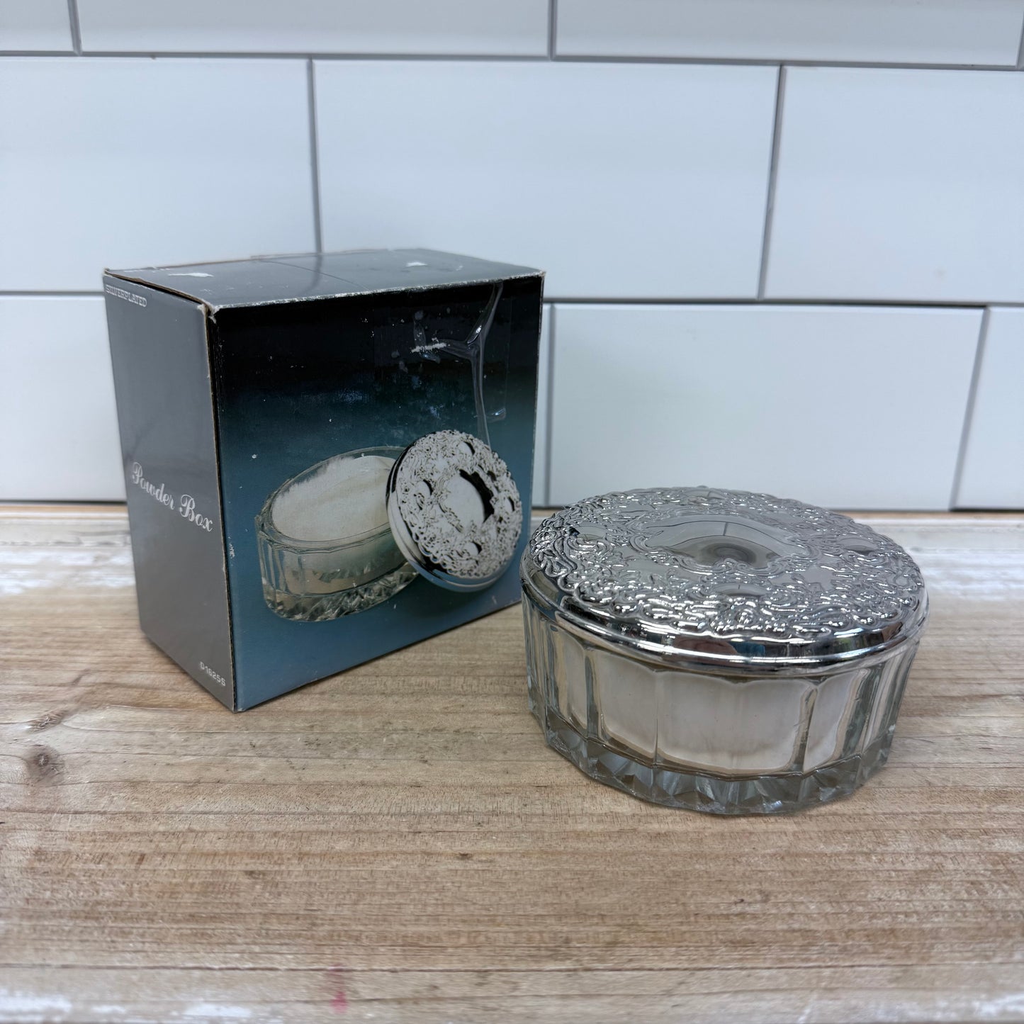 Glass Powder Jar, Silverplated Repoussé Lid