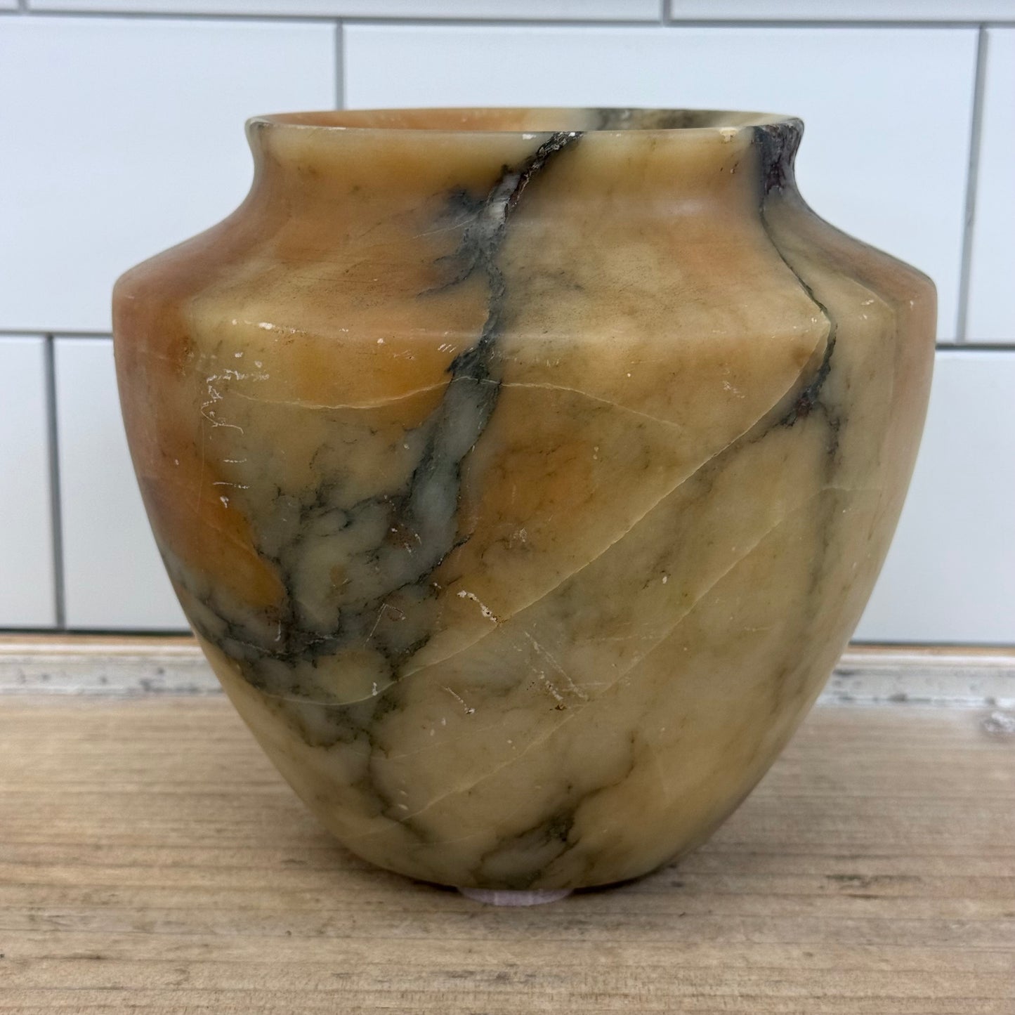 Natural Alabaster Stone Vase Hand Carved Decorative Vessel Vintage