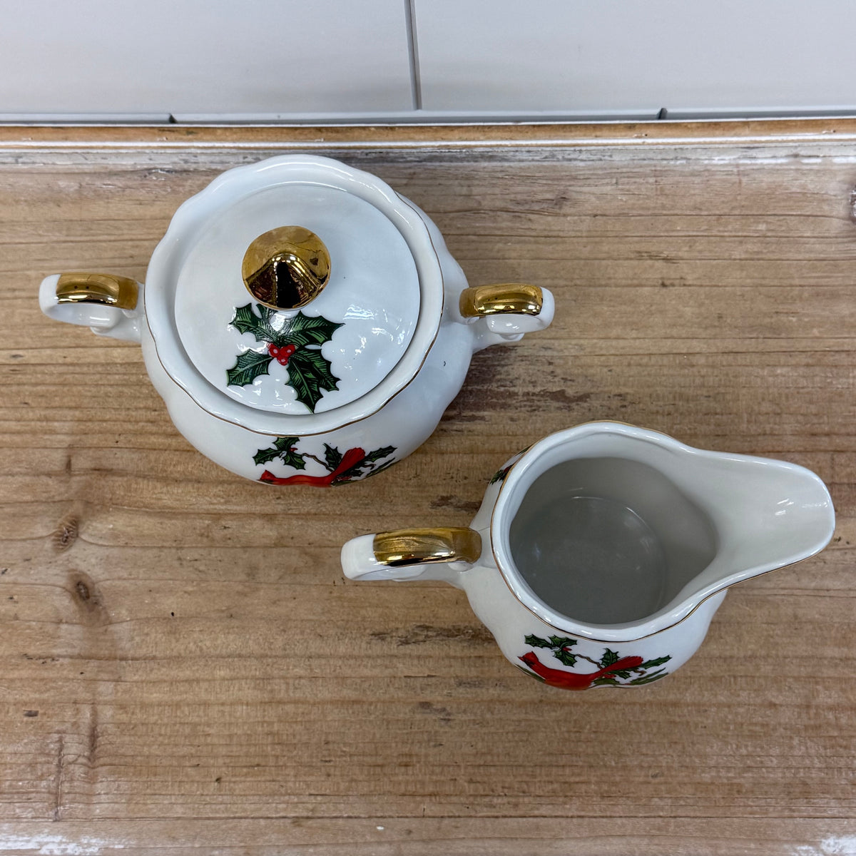 Lefton Cardinal Holly Creamer & Sugar Bowl Christmas