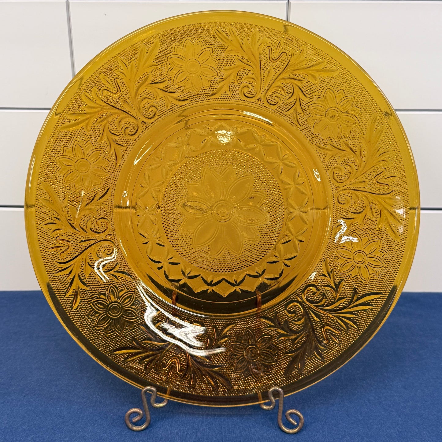 Indiana Glass Golden Amber Floral Plates Set of 3 Vintage 1970s