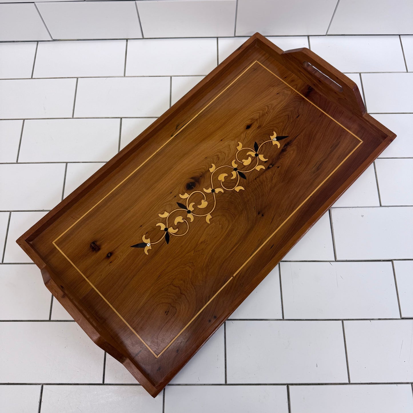 Marquetry Inlaid Wooden Serving Tray with Handles